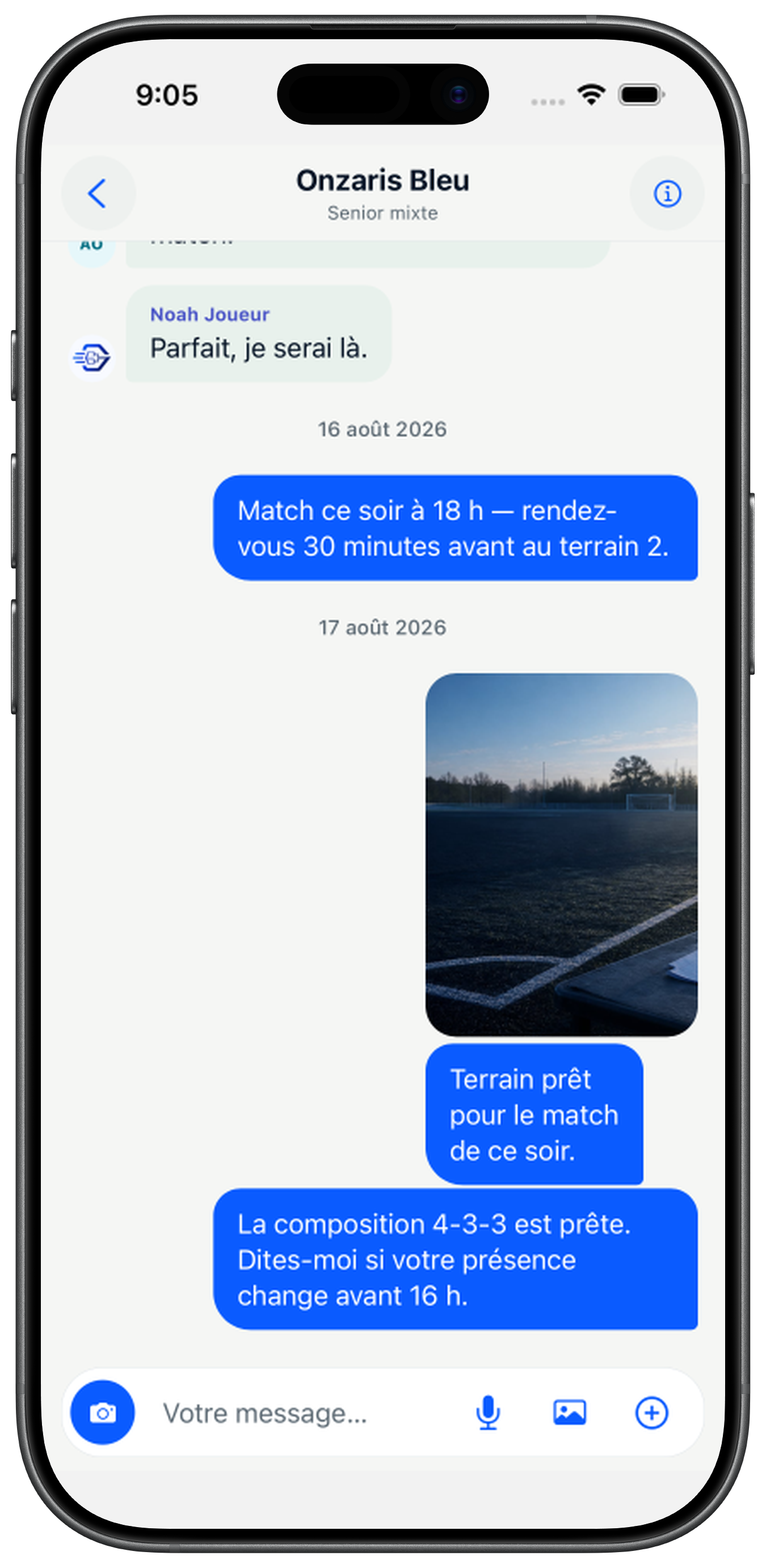 Conversation d’équipe Onzaris sur iPhone 17